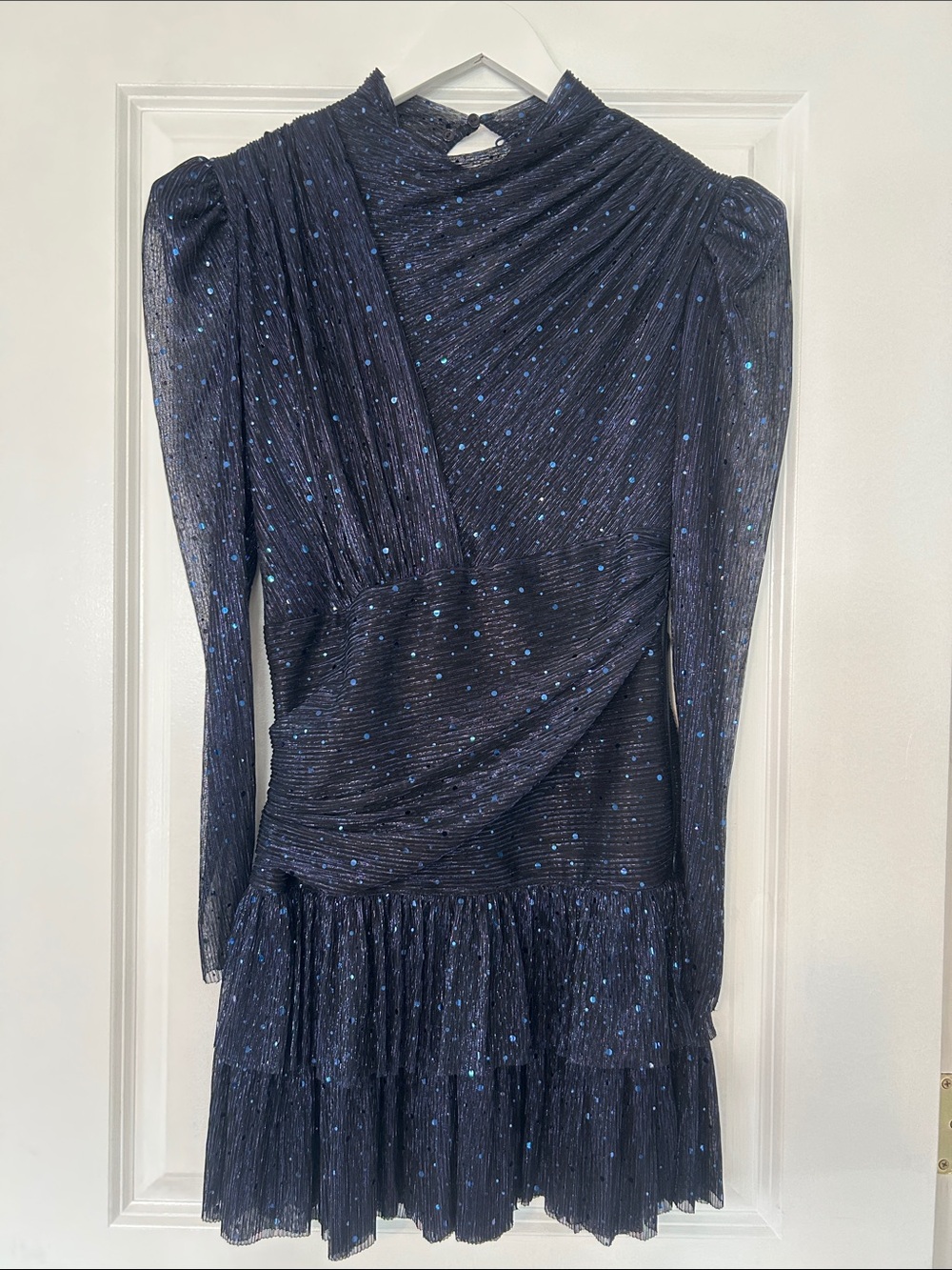 Sabina Musayev Navy Blue Metallic Speckle Pleated Long-Sleeve Dress